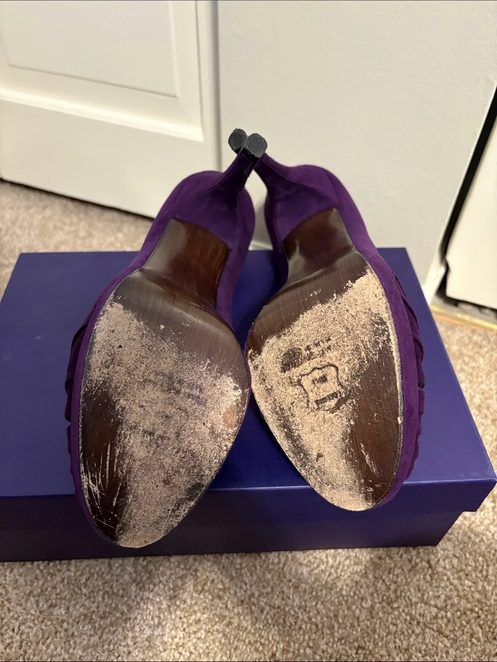 Stuart Weitzman Eggplant Purple Suede Peep-Toe Heels Women 8 - Picture 8 of 13